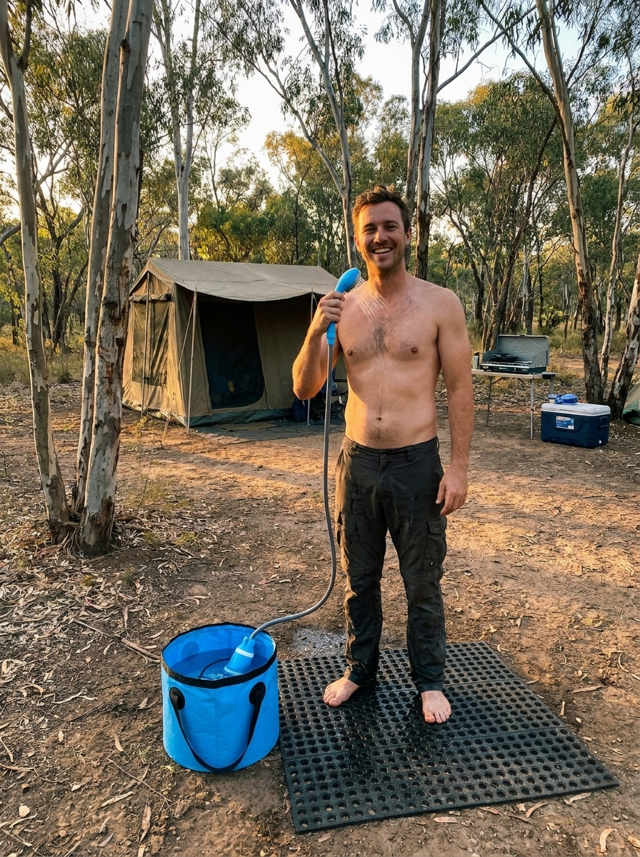 Using a portable shower at camp
