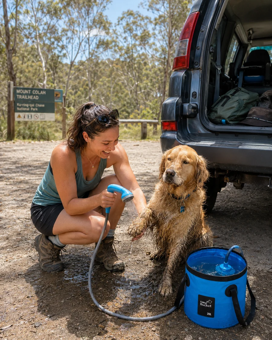 Dog being rinsed with an Idvexa portable shower